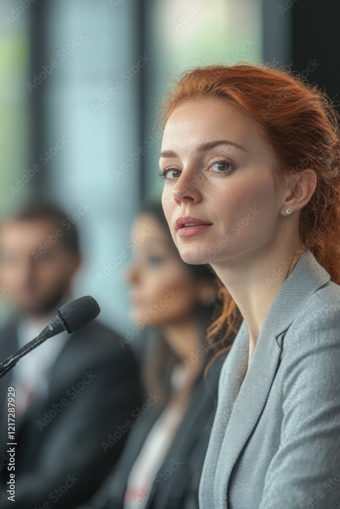Woman Speaking into Microphone Woman Speaking into Microphone