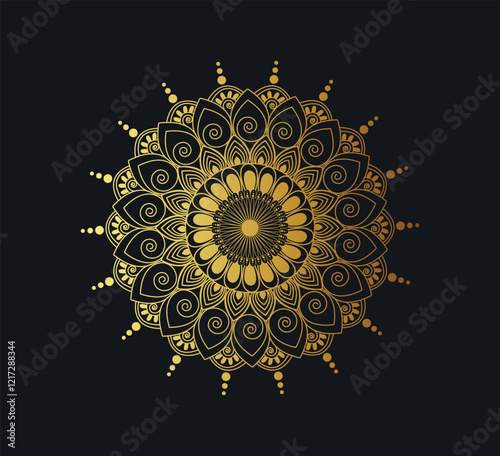 Creative Abstract luxury mandala design background in gold color. Decorative greeting card. Design for invitation, wedding card, Diwali, decoration.Indian, Arabic, Damask, Asian.