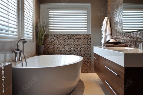 Elegant modern bathroom design featuring a freestanding tub and stylish tiled...