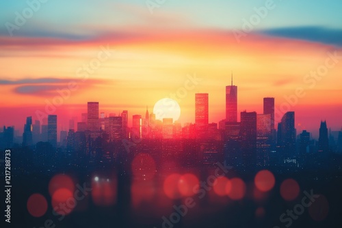 Stunning sunset illuminates city skyline with vibrant colors and silhouettes ...