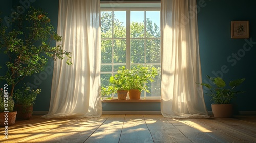 Bright sunlight streams through sheer curtains in a serene room showcasing gr...