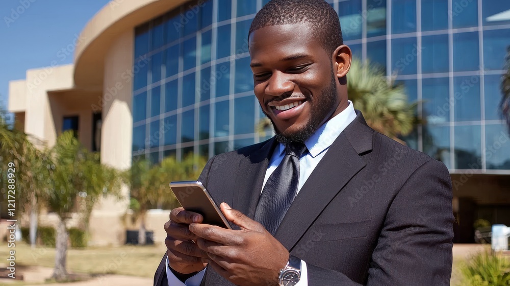 Happy businessman using smartphone outside modern office building urban setting professional image Happy businessman using smartphone outside modern office building urban setting professional image