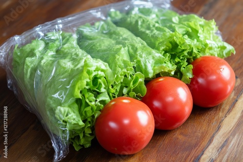 Fresh vegetables in plastic wrap with tomatoes and lettuce on a wooden counte...
