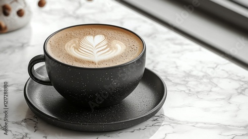Coffee in a black cup with latte art on a marble table in a cozy cafe