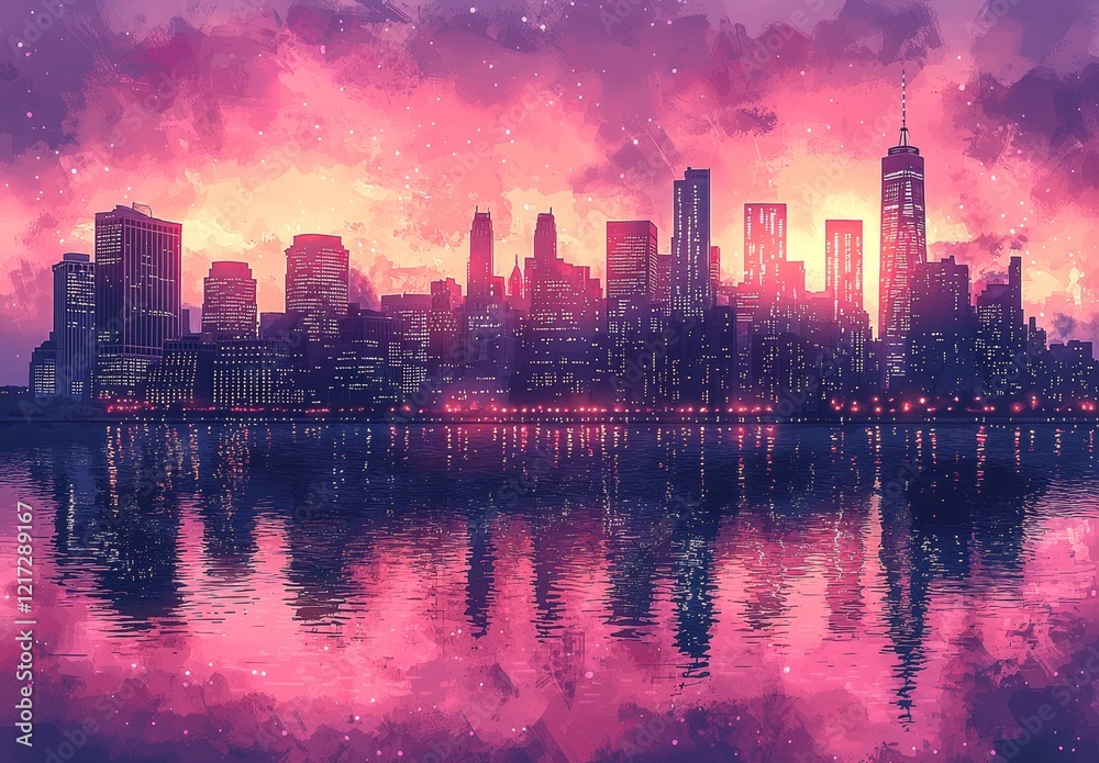 Fototapeta premium A watercolor painting featuring Manhattan's towering skyscrapers as the sun sets - New York city architecture