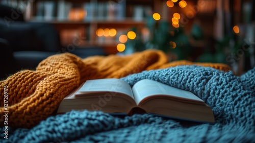 Cozy reading nook by the window with soft throw and candle in a rainy ambiance