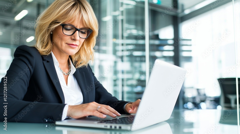 Businesswoman working on laptop in modern office space focused environment professional viewpoint Businesswoman working on laptop in modern office space focused environment professional viewpoint