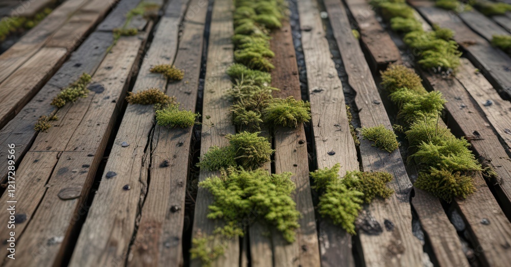 Weathered wooden planks with moss growth and dirt stains, weathered, worn Weathered wooden planks with moss growth and dirt stains, weathered, worn
