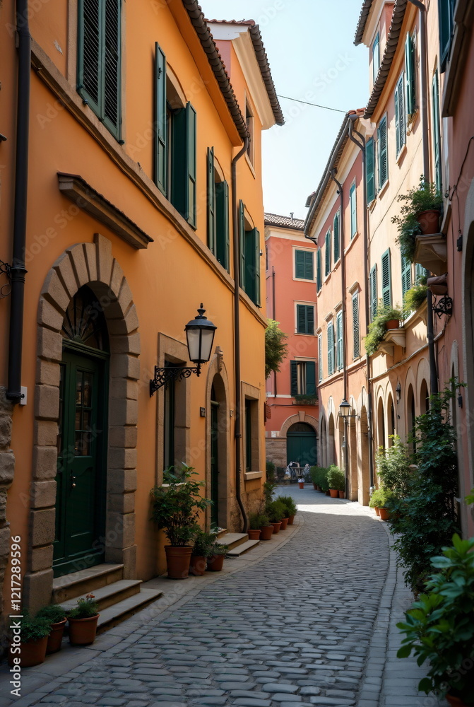 Fototapeta premium a street with cobblestones and Italian houses in cinematic style