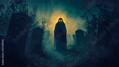 A terrifying scene of a ghost stalking the haunted graveyard, surrounded by thick, eerie fog, an accursed cemetery filled with restless, haunted spirits. photo