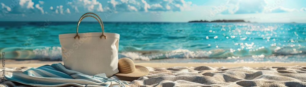 A serene beach scene featuring a stylish bag, towel, and hat on soft sand, with clear blue water and a bright sky in the background. A serene beach scene featuring a stylish bag, towel, and hat on soft sand, with clear blue water and a bright sky in the background.