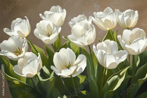 Beautiful white tulips blooming in soft light amidst green leaves in a serene...