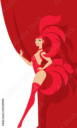 Showgirl opening Red Curtain. Cabaret dancer in red feather stage costume on Front Stage.