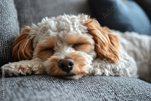 Beagle dog peacefully sleeping on a cozy leather sofa at home during the afte...