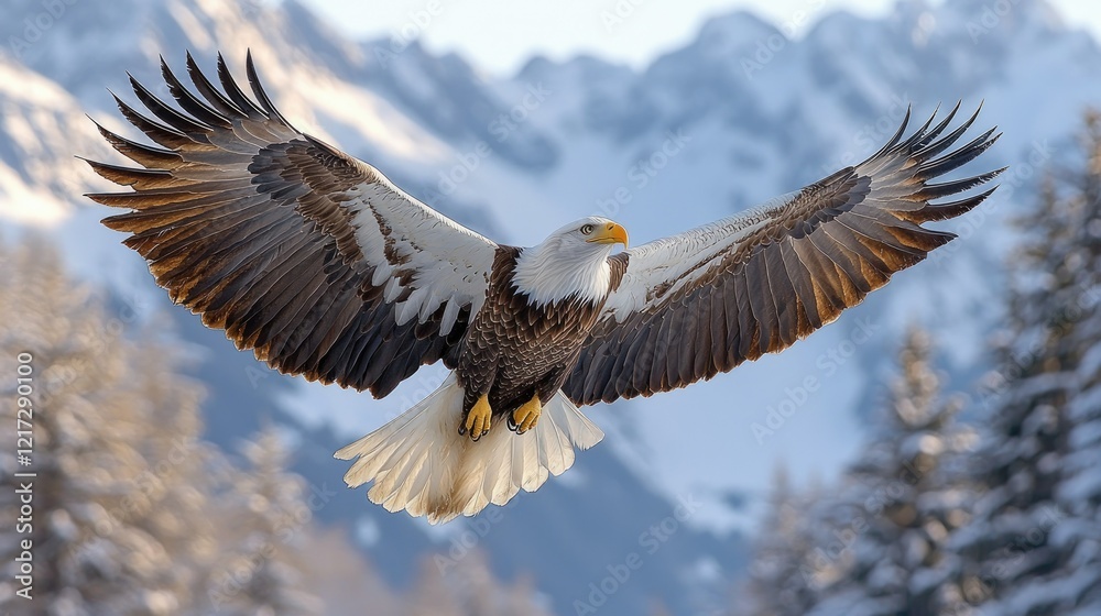 Fototapeta premium Majestic Bald Eagle Soaring Over Snowy Mountains