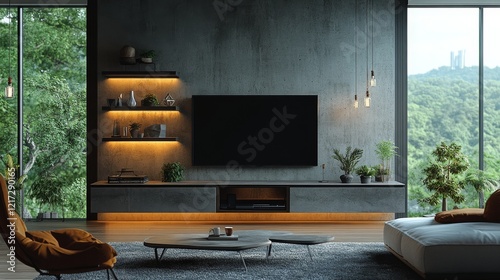 Modern living room interior featuring concrete accents and sleek furniture de...