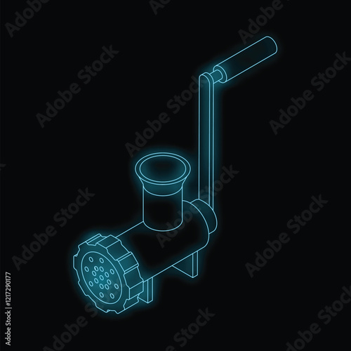 Neon glowing symbol of manual meat grinder on black background