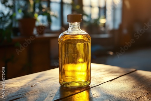 Glass bottle filled with golden oil placed on wooden kitchen table with natur...