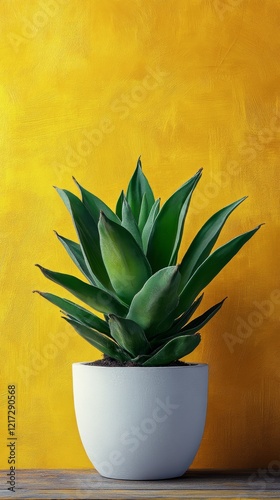 Green succulent plant in a white pot against a vibrant yellow wall basking in...