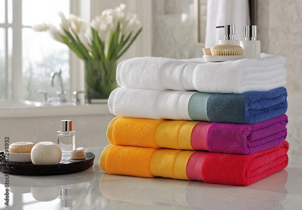 A stack of colorful towels on the table in front, with a bathroom background.