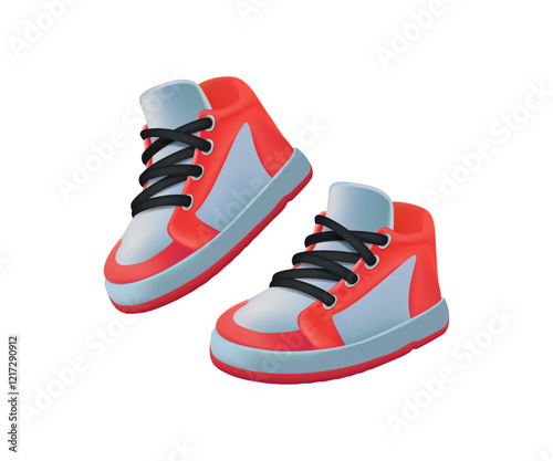 Sport shoes, sneaker 3D realistic illustration. A pair of red and white sneakers with laces on a white background. For the concept of sports, shops, web design, lifestyle, and design of shoes