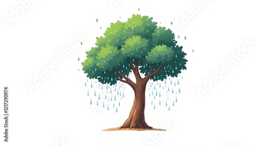 Cartoon style illustration of a tree with water droplets representing rain falling from leaves