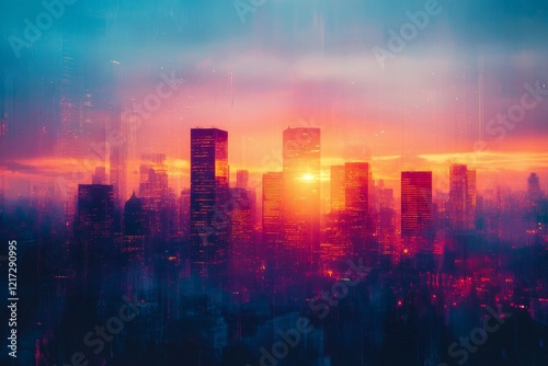 Stunning sunset illuminates city skyline with vibrant colors and silhouettes ...