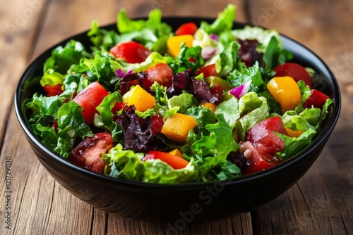 Colorful rice bowl with assorted vegetables served in black stoneware at a di...
