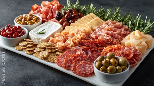 Delicious gourmet charcuterie board with a variety of meats, cheeses, and nut...