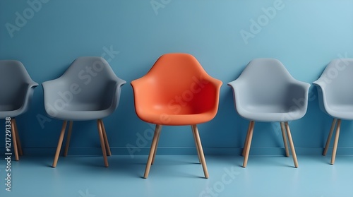 Red chair stands out in a row of blue chairs, emphasizing individuality and modernity. The scene showcases minimalist design with harmonious colors and stylish furniture arrangement.