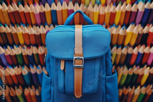 Bright blue backpack in front of colorful pencils displayed on a vibrant wall
