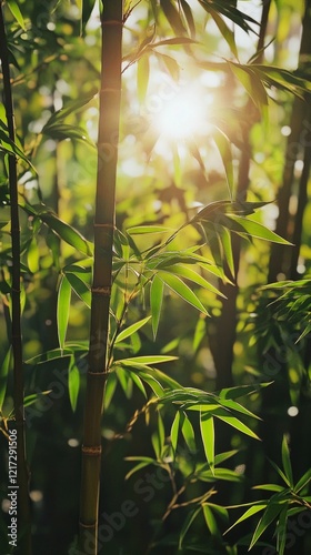 Sunlight filtering through vibrant bamboo leaves in a lush forest setting