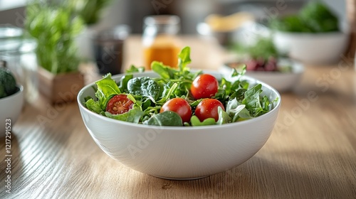 Fresh garden salad with tomatoes and avocado in a rustic bowl on a dark table