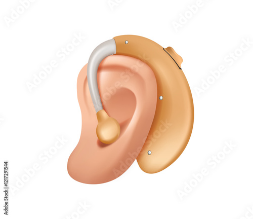Ear with hearing aid, hearing Loss, Deafness 3D illustration. Deaf People with Hear Problem, Audiologist Treatment. Ear Using Hearing Aid, Medical Appointment. Cartoon 3D Vector Illustration