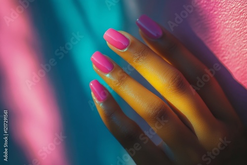 Bright pink nails shine in neon light showcasing creativity and style in an a...