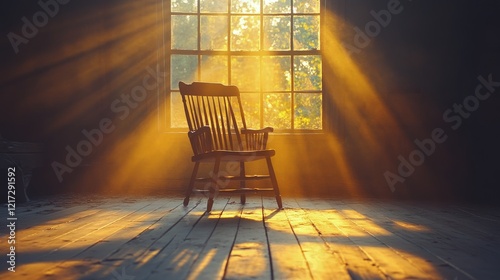 Brightly lit empty room with vintage chair near window showcasing shadows and...