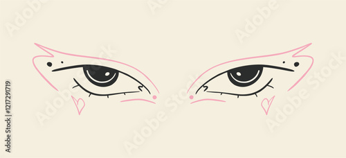 Creative makeup. Beautiful female eyes with fancy arrows. Cartoon eyes. Hand drawn illustration. Logo template, beauty and fashion. Modern makeup.