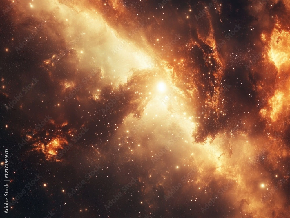 Naklejka premium A bright yellow star is surrounded by a cloud of orange gas. The star is the center of the image and the gas is surrounding it