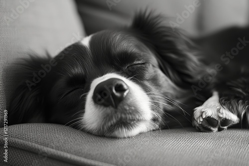 Beagle dog peacefully sleeping on a cozy leather sofa at home during the afte...