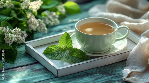 Warm cup of herbal tea with mint leaves on a cozy bed in soft morning light