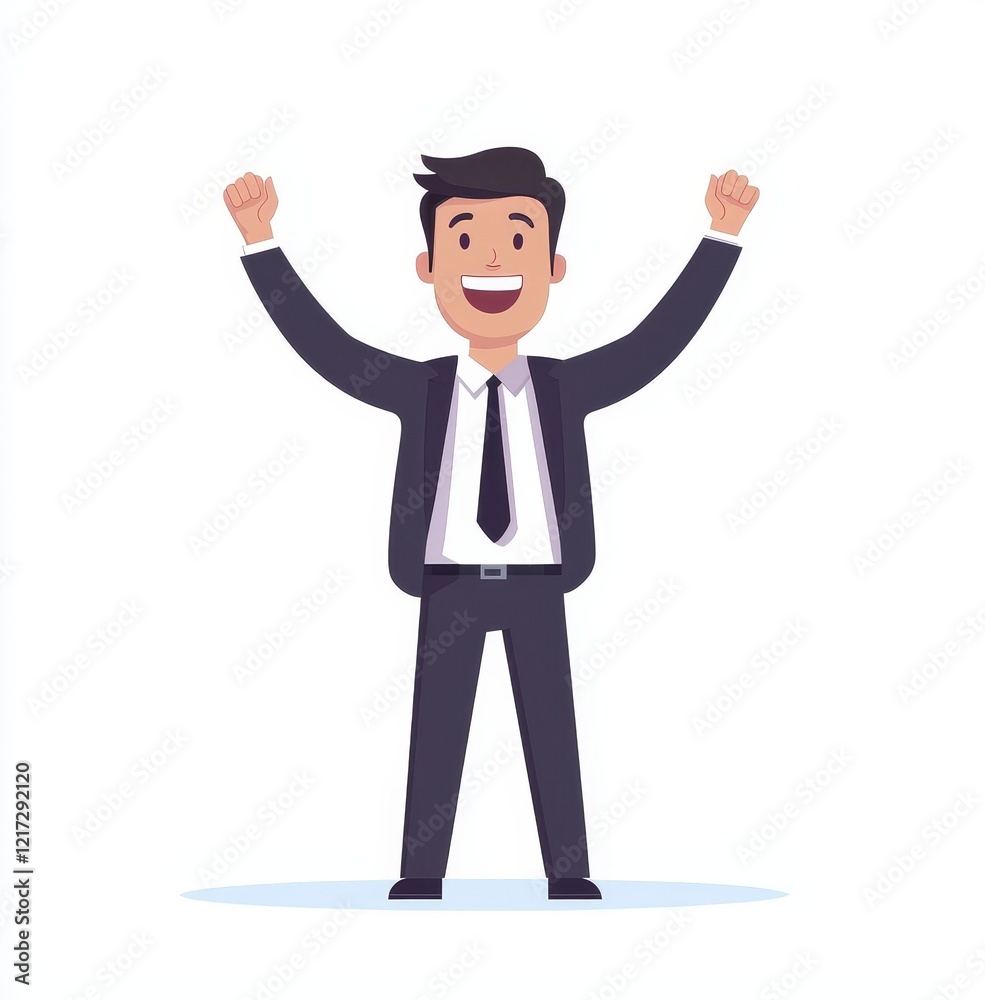 In victory, the successful businessman raises his hands high, basking in his elation In victory, the successful businessman raises his hands high, basking in his elation