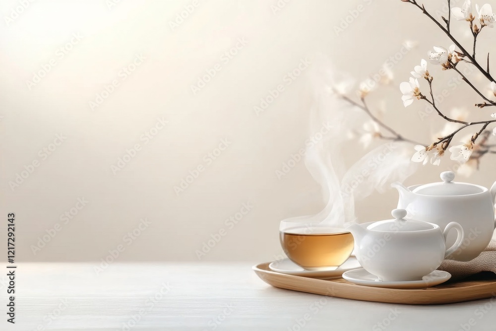 Fototapeta premium A minimalist 2D drawing of a tea set with steam gently rising, placed on a simple table with soft beige tones on a white background