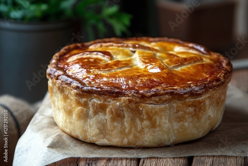 Savory meat pie resting on wooden surface surrounded by rustic decor