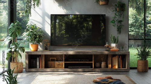 Modern living room interior featuring concrete accents and sleek furniture de...