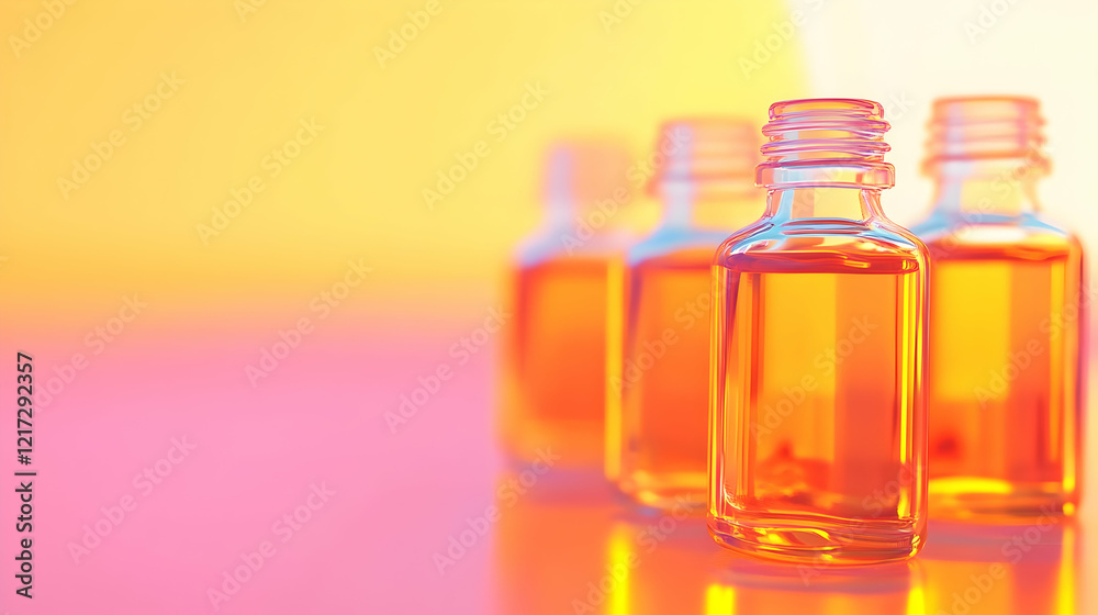 Four amber bottles of oil shimmer against a warm gradient, creating an inviting vibe Four amber bottles of oil shimmer against a warm gradient, creating an inviting vibe