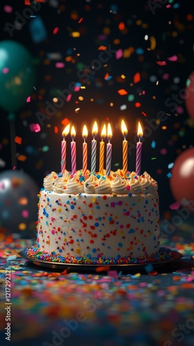 Colorful birthday cake with lit candles surrounded by confetti and balloons i...