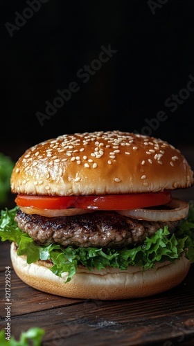 Juicy hamburger with fresh toppings served on a wooden table