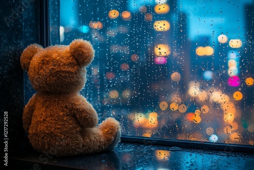 A sorrowful teddy bear sits on a windowsill, its gaze fixed on a rainy city. The bear is in clear focus, whereas the city lights are dim and out of focus. The overall atmosphere is melancholic due to
