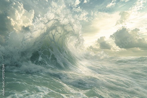 Wild ocean waves crashing against a sandy beach during a cloudy day in late a...