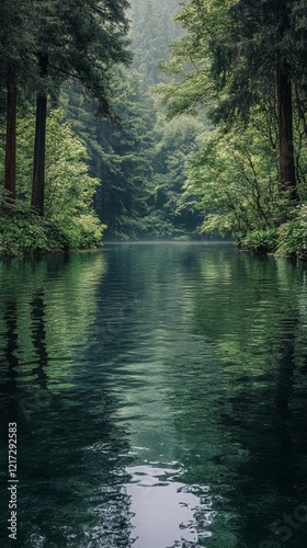 Tranquil river surrounded by lush greenery in a misty forested area
